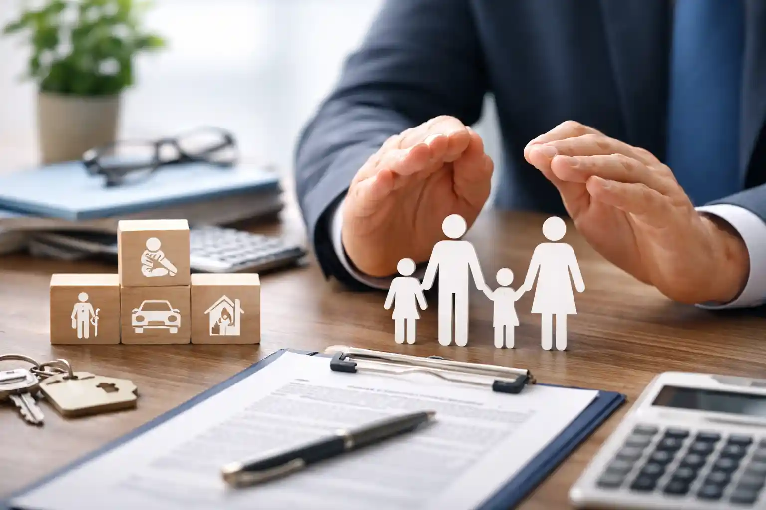Mains protégeant une famille en papier avec cubes d'assurance - assurance vie et prévoyance