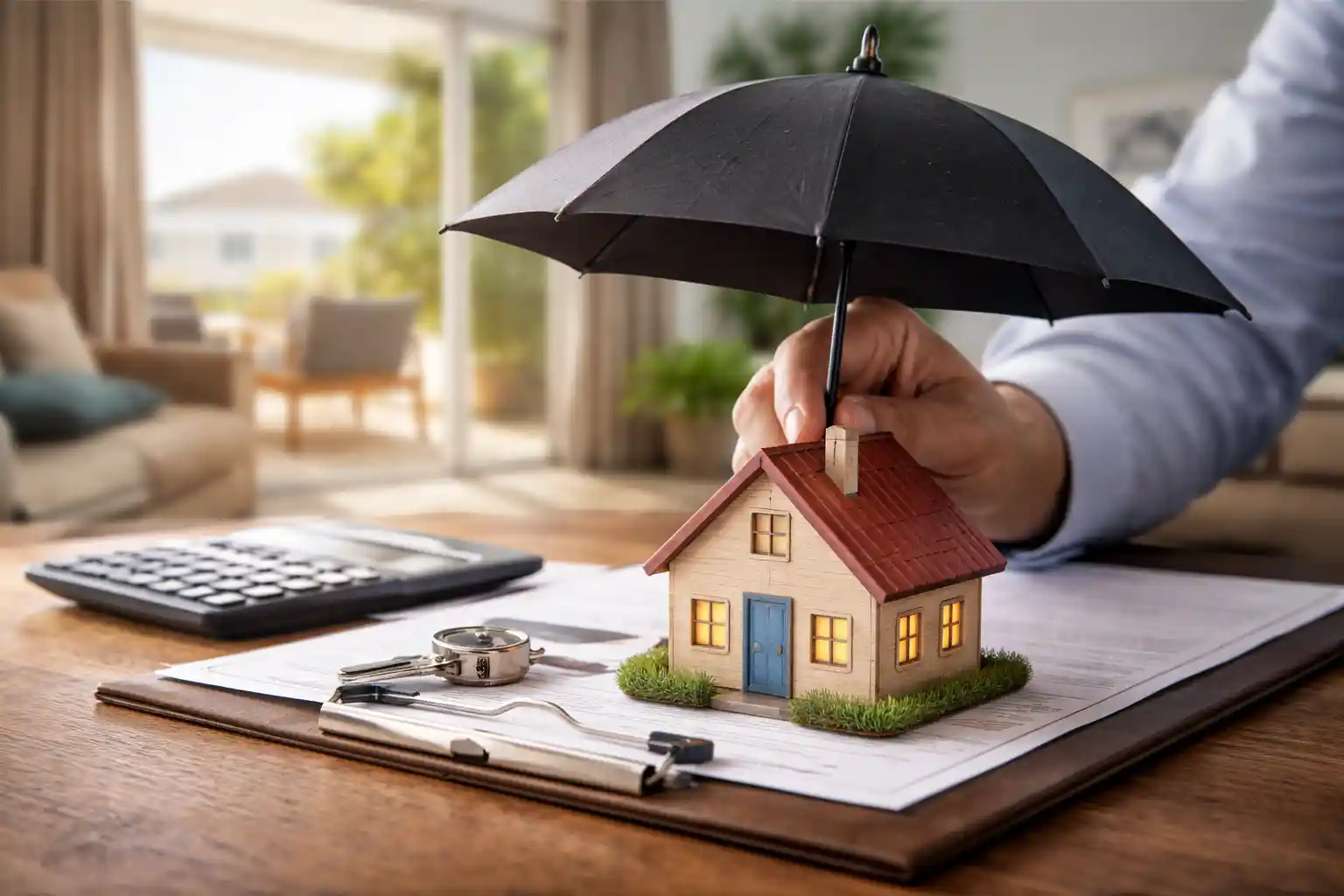 Main protégeant une maison miniature avec un parapluie et clés - assurance habitation