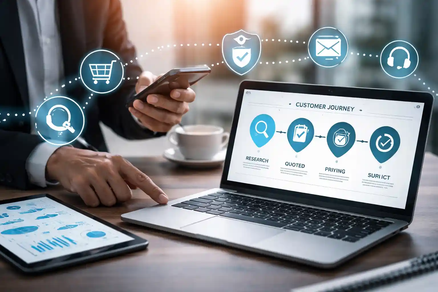 Homme comparant des assurances en ligne avec laptop - comparateur d'assurances