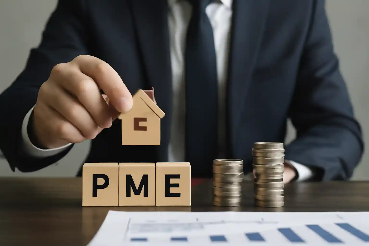 Blocs PME avec maison et pièces de monnaie - guide assurance professionnelle